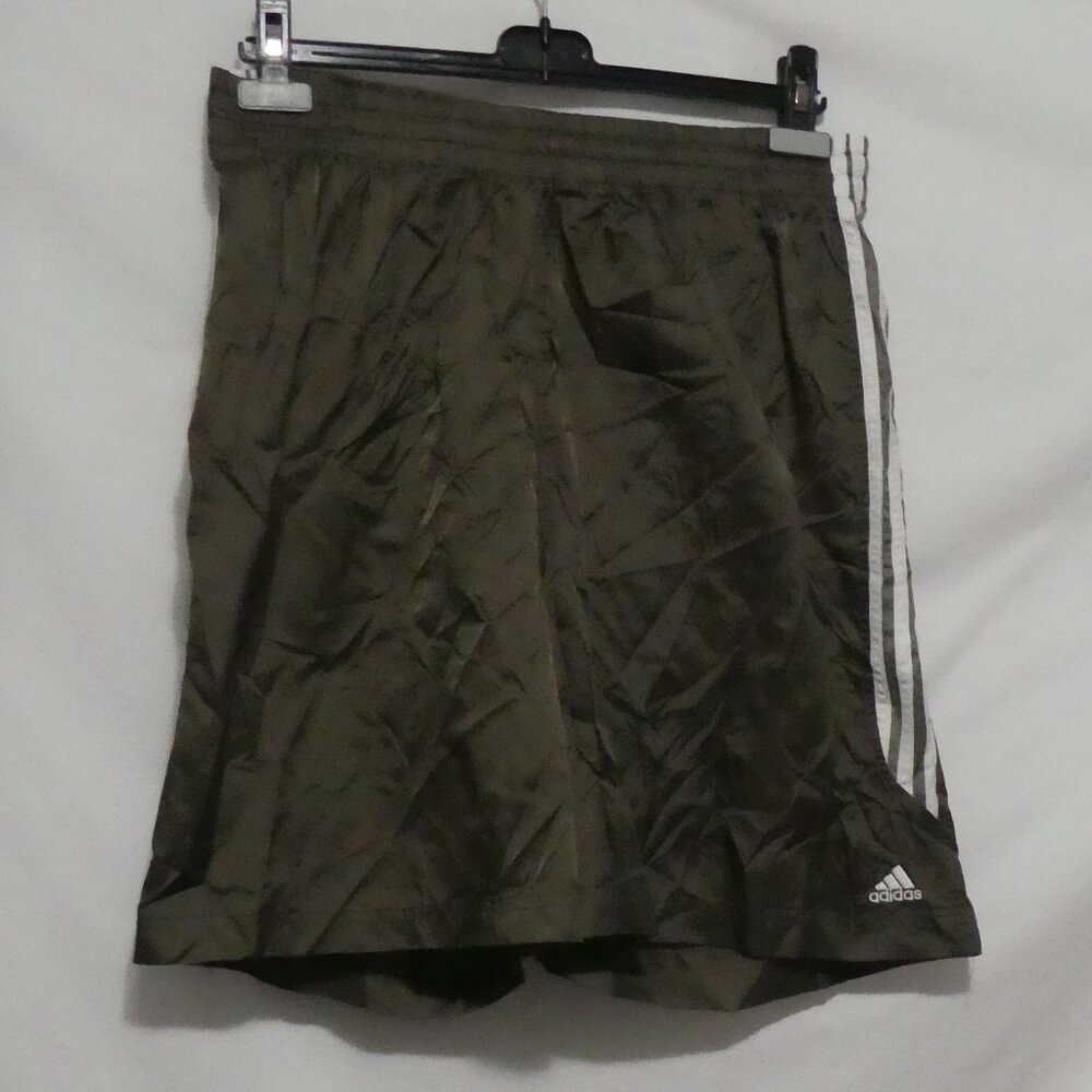 ADIDAS | large | Olive Green Exercise Shorts W/ White Stripe Panels | No Pockets
